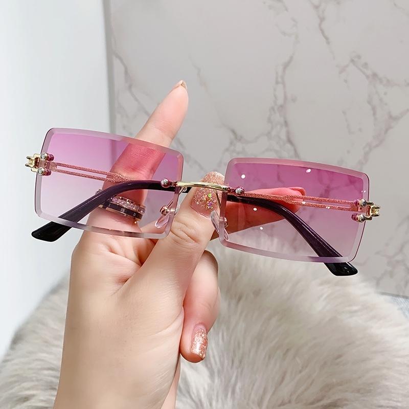 Rimless Rectangle Vintage Sunglasses Woman Brand Pink Gradient Sun Glasses Female Cutting Lens Square Ladies