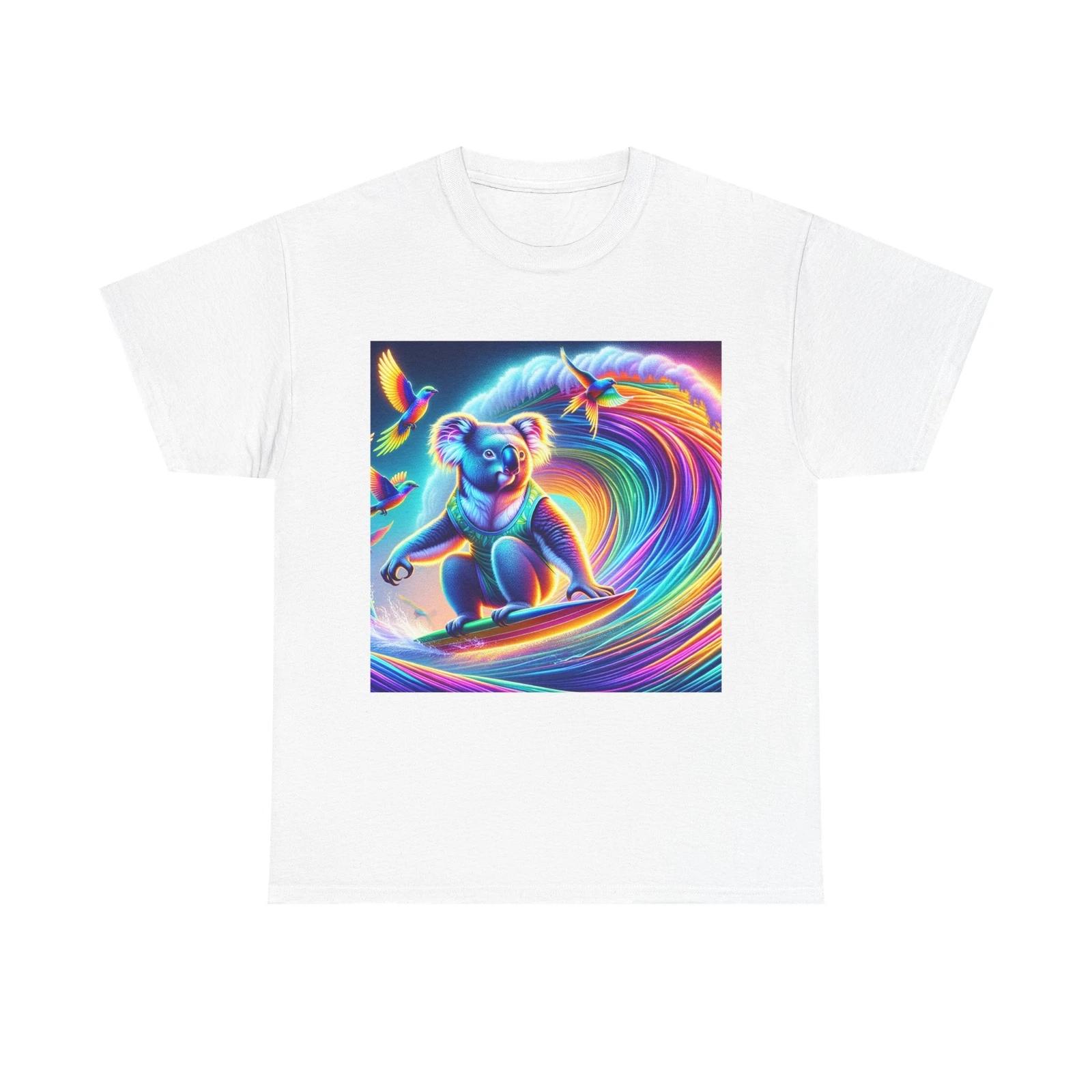 Unisex Adult T Shirt Surfing Koala on Rainbow Wave L