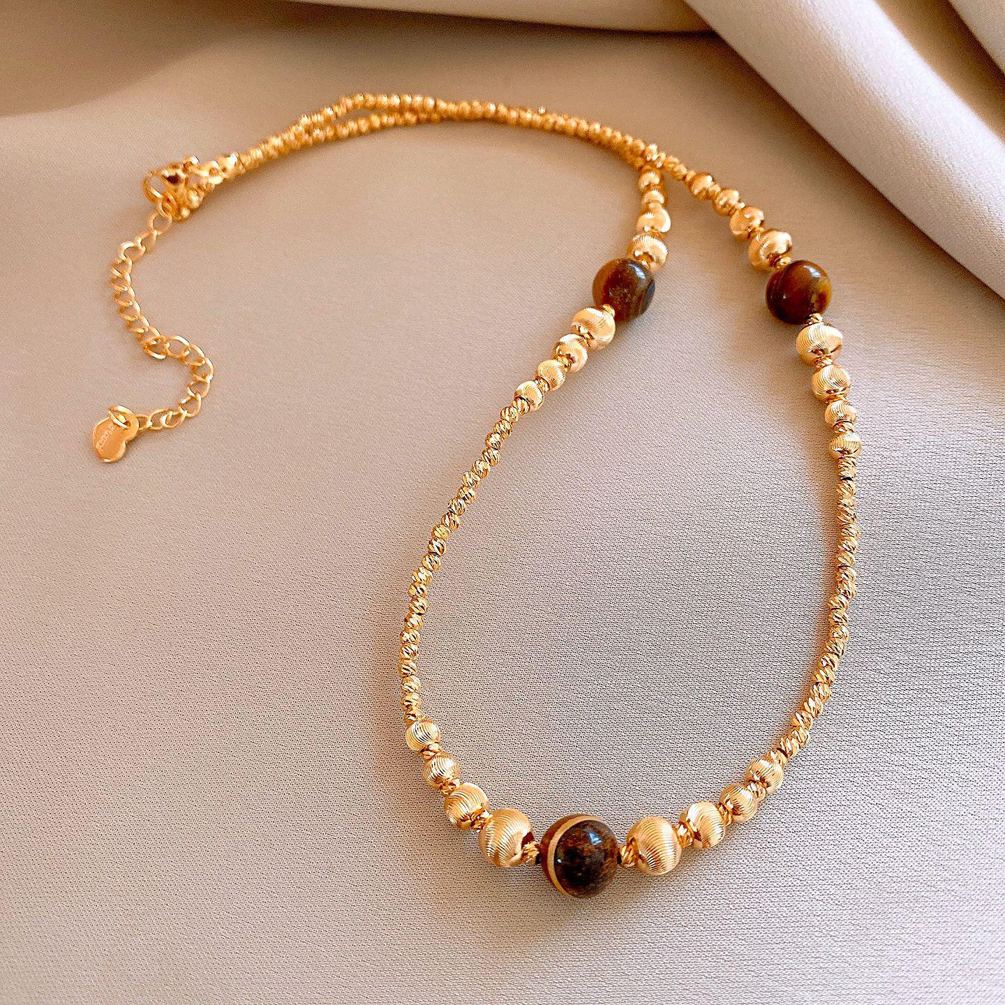 Ожерелье из бусин с тигровым глазом, покрытое 18-каратным золотом - Ретро-цепочка на ключицу в стиле Y2K для осени/зимы