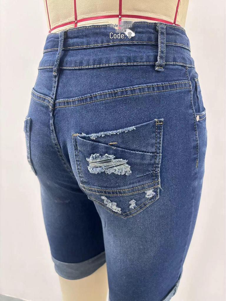 Women's Mid-Length Elastic Denim Shorts - Double-Button Washed Jeans, European & American Style Fashion.