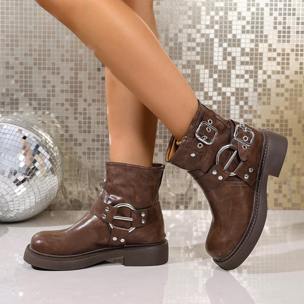 Retro Belt Buckle Western Cowboy Boots Women's 2025 New British Style Versatile Large Size Medium Boots Locomotive Martin Boots