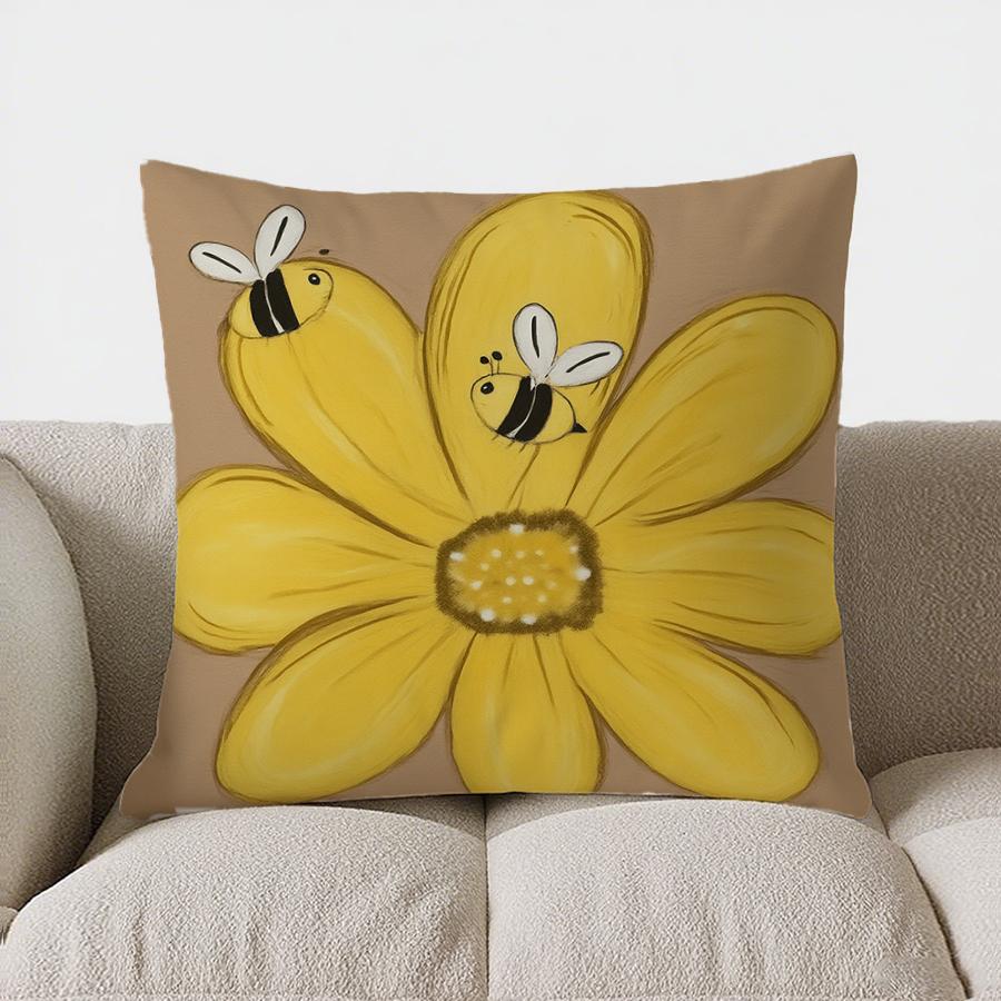 Home Decor Cute Bee And Flower Design Pillow Cover Pattern Cushion Cover Suitable For Sofa Bedroom Car Pillow Cover