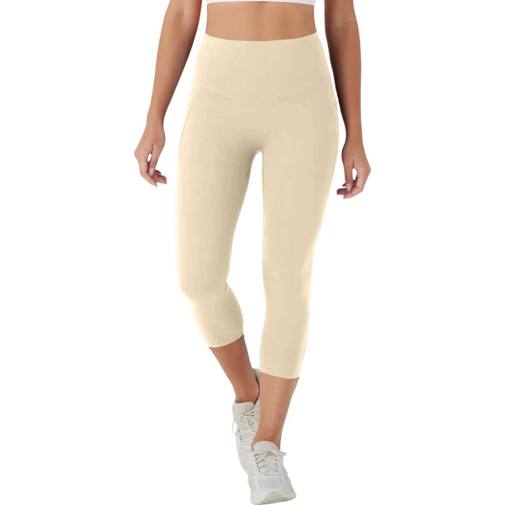 Hohe Taille Nahtlose Capri-Leggings für Damen Weiche Dehnbare Yoga-Hose mit Breitem Bund für Training Laufen Fitness