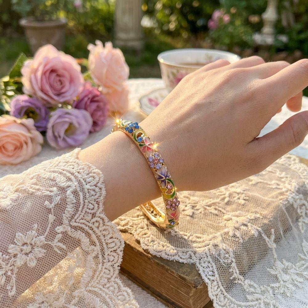 Gold Plated Cloisonne Bracelet Double Bangle Traditional Chinese Double Bangle Flower Pattern Enamel Design Ethnic Bracelet