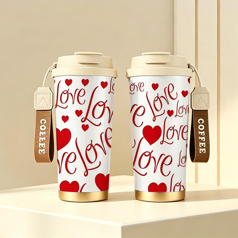 532ml Coffee Mug Full Print Love Heart Motif Strap Coffee Cup Unisex Commuter Coffee Mug Portable Travel Coffee Mug 304Steel Hot Cold Cup