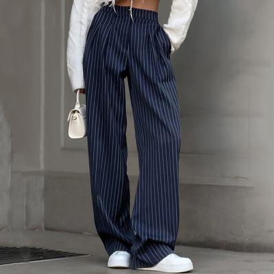 Damenhose mit weitem Bein und elastischer Taille und Taschen, lässige, lockere Hose, Vintage-Hose mit hoher Taille, Nadelstreifenhose fürs Büro, Übergröße