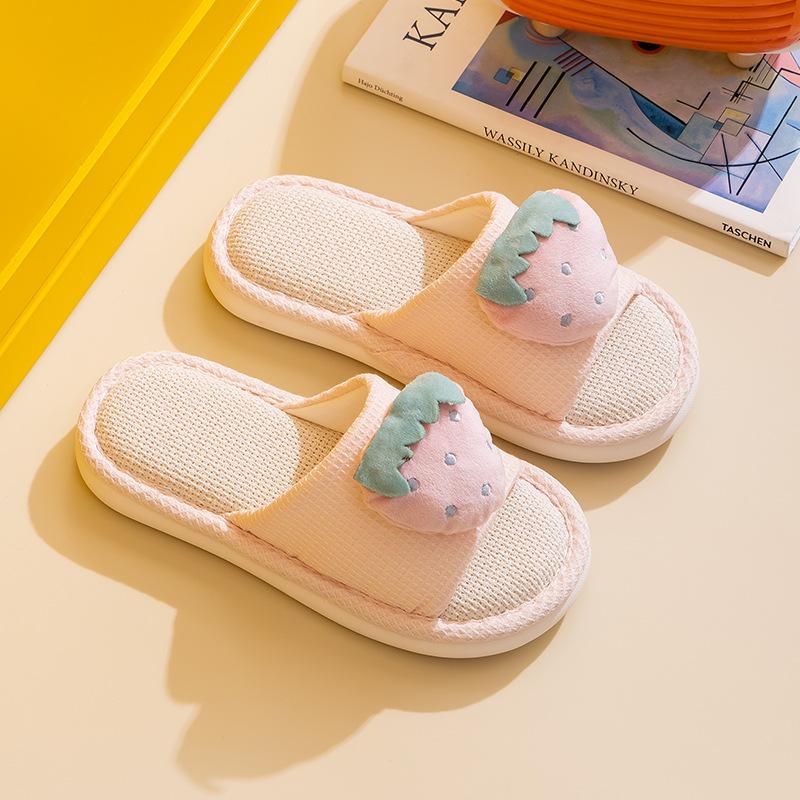 Elegant Hairy Slippers Fruit Linen Slippers Summer Home Indoor Sandals Slippers Simple Fabric Cotton Slippers Female Home Shoes Slippers Pink