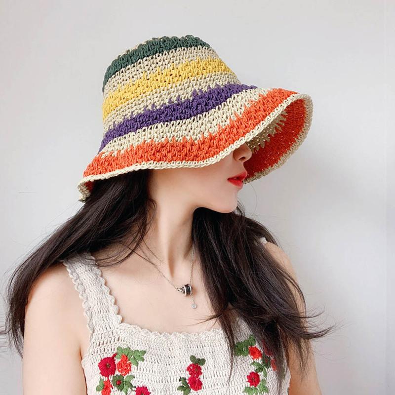 Sombrero de Cubo de Ganchillo a Rayas Arcoíris de Verano para Mujer Sombrero Panamá Plegable de Ganchillo Visera Solar de Playa para Mujer