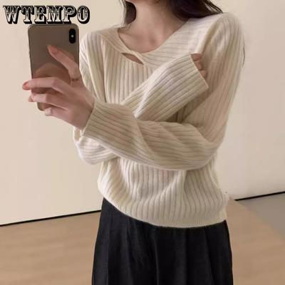Long Sleeved Knitted Base Sweater Top Autumn and Winter White Hollowed Out Pullover Sweater for Women