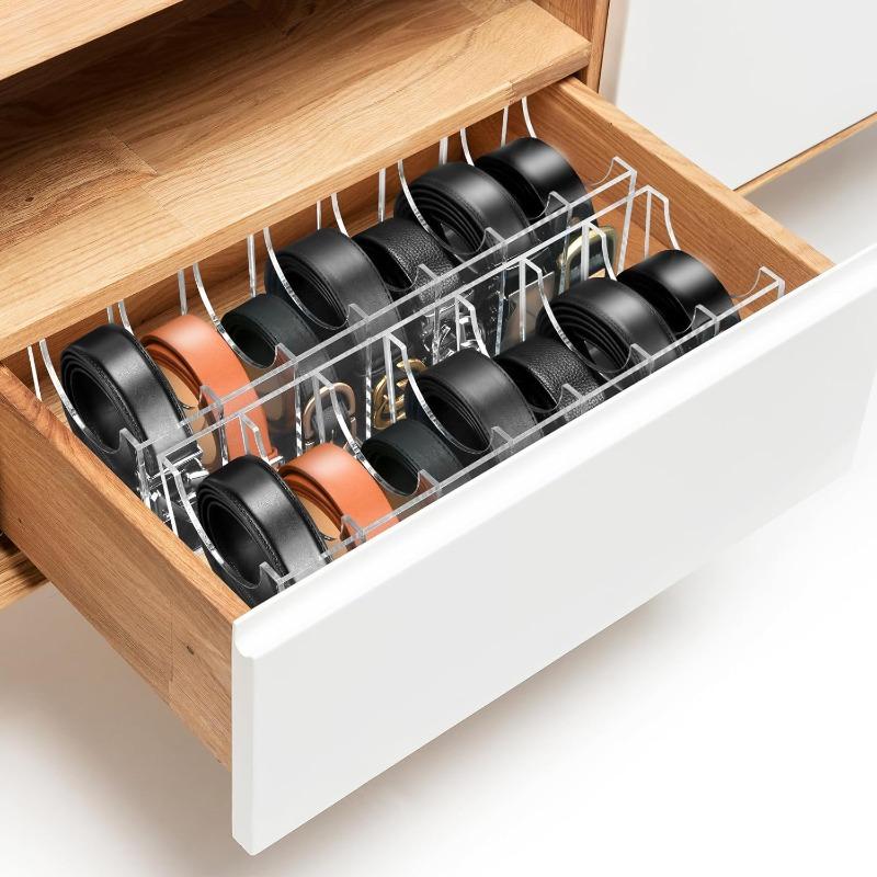 2-Pack Belt Storage Box 7-Grid Acrylic Transparent Storage Display Box for Wardrobe Drawer Tie Watch Jewelry Cosmetics Organizer
