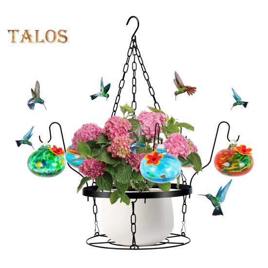 Hand Blown Glass Hummingbird Feeder 2-in-1 Hanging Metal Planter Holder with 6 Small Blown Glass Birdfeeder for Garden Backyard Window Decor