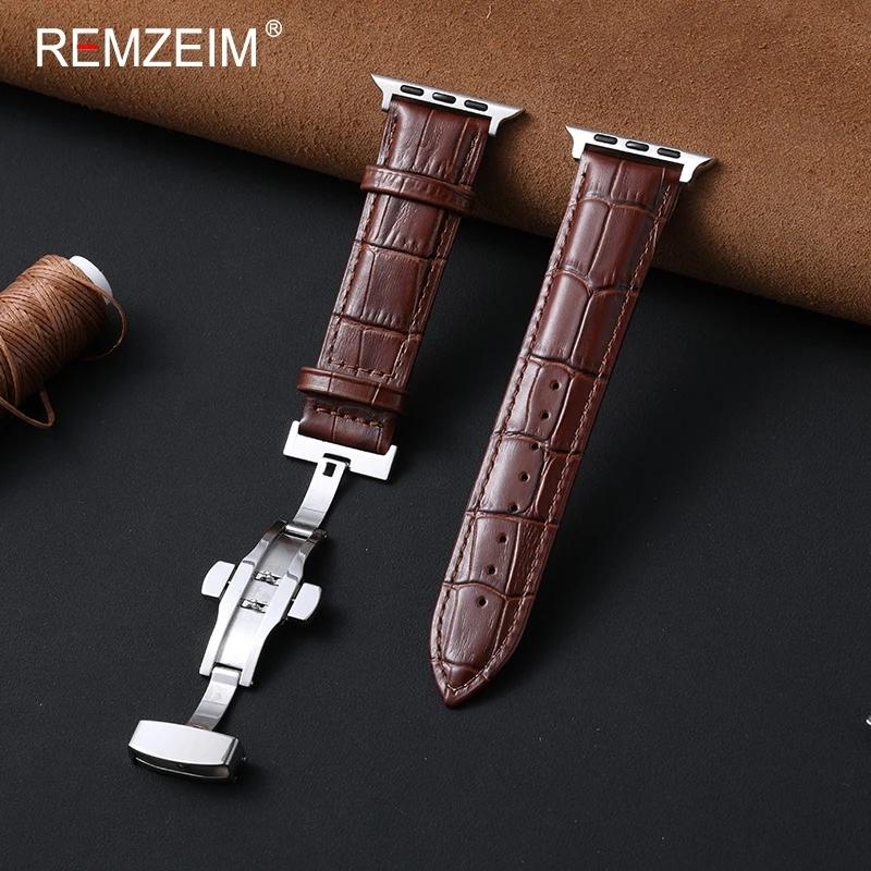 Leather Smartwatch Strap with Butterfly Clasp for Apple Watch Band 44/40/49/45/41/38/42mm for IWatch 10 9 8 Se 7 6 5 4 Ultra 2