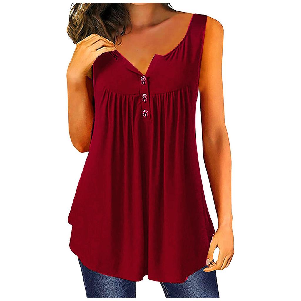 Womens Summer Sleeveless Solid Color Casual Swing Flowy Tank Tops With Buttons