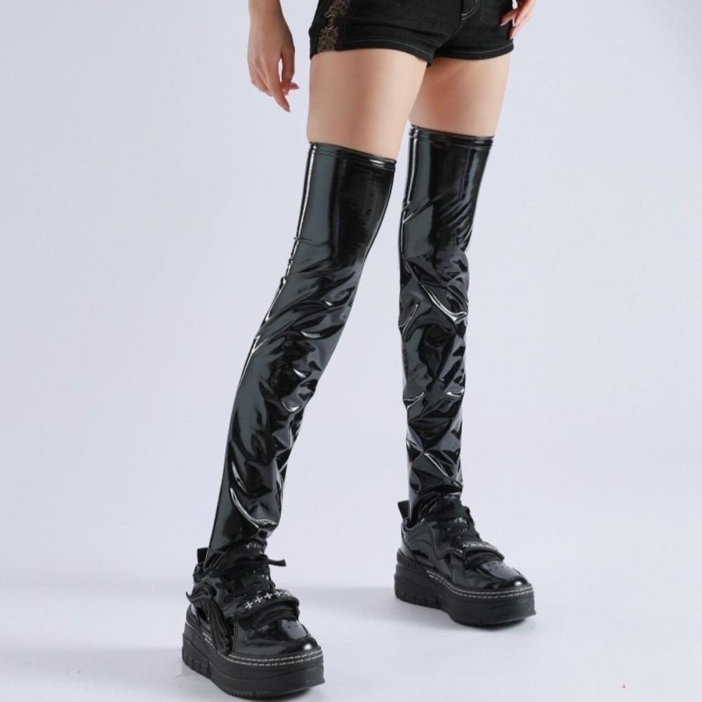 Over-the-Knee Metallic Socks Elastic Slimming Cyberpunk Stockings Silver Black Reflective Patent Leather Style Sleeves Unisex
