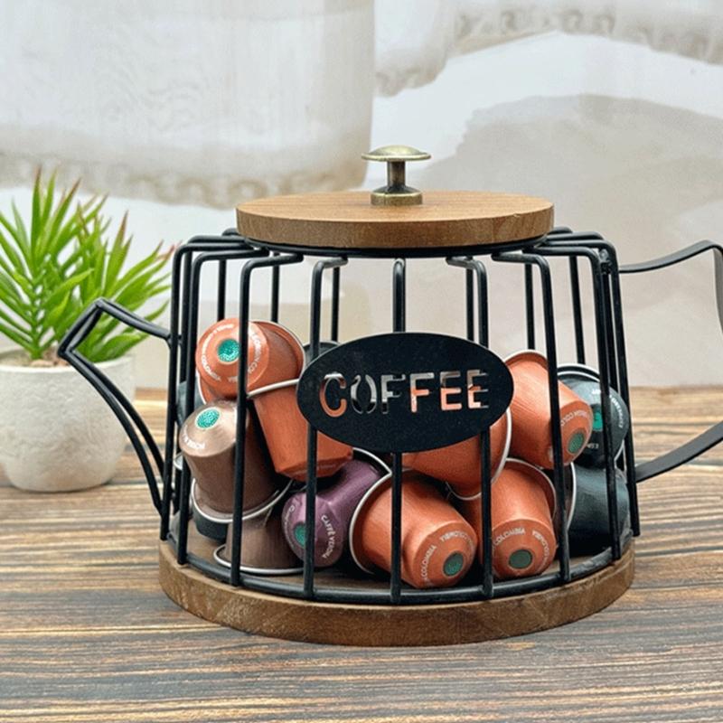 Coffee Capsules Organizer with Lid Large Capacity Espresso Pods Storage Basket Wooden Base Kitchen Countertop Cup