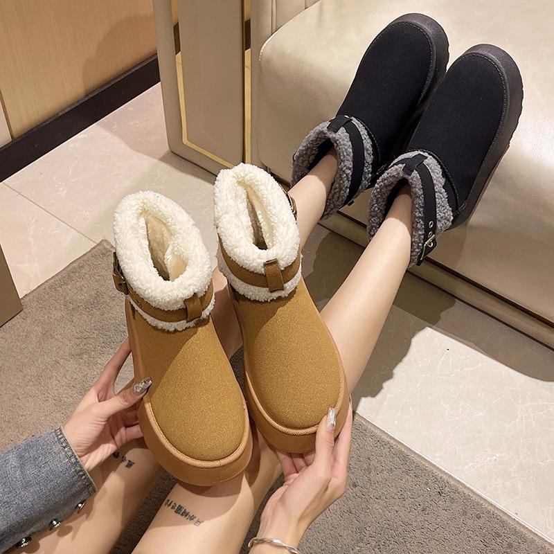 Dammode Stövlar Dam Plus Size Mocka Snökängor Casual Kort Skaft Sponge Cake Tjocksulade Bomullsstövlar Päls Plysch Sammetsskor 36-41