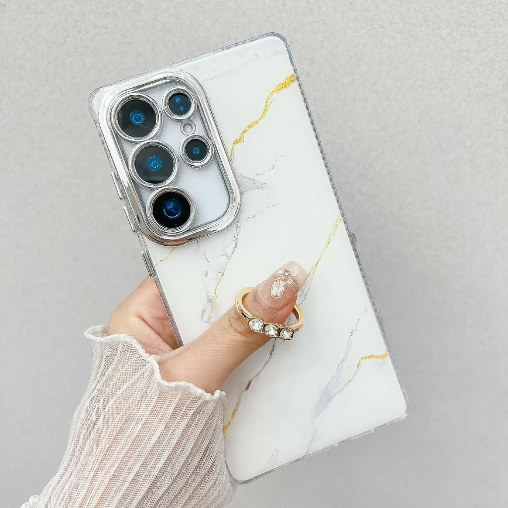 For Samsung Galaxy S25 Ultra Case with Kickstand IMD Marble Pattern Electroplated Phone Cover