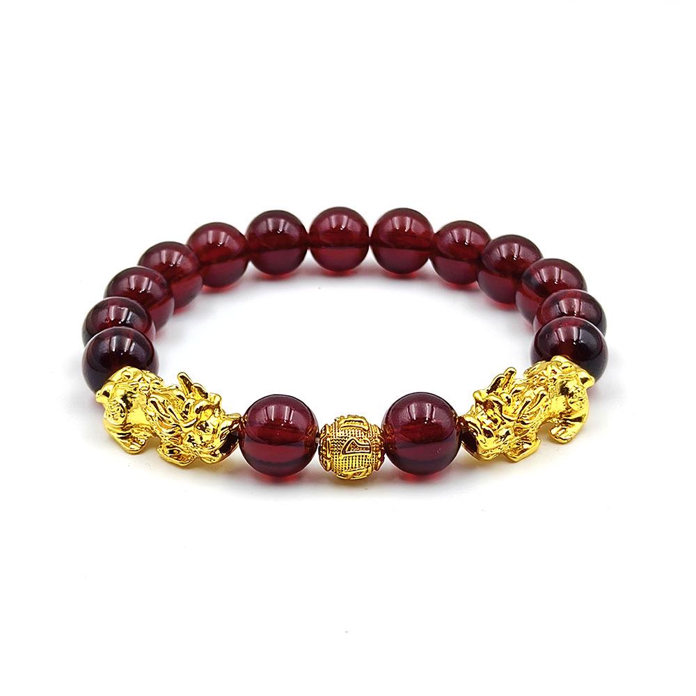 Gold-Plated Retro Pixiu Bracelet with 10mm Red Pomegranate Beads - Wealth Attraction Elastic Design
