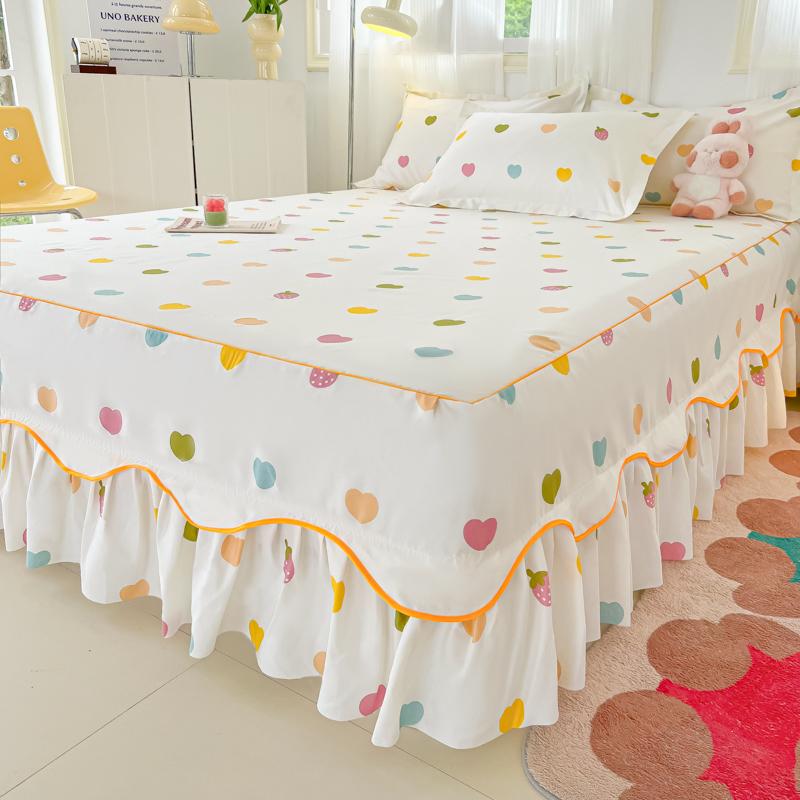 Printed Bed Skirt with Pillowcase Queen Size Bed Cover Set Ruffles Mattress Protector Home Bed Linen Soft Bedspread Jupe De Lit