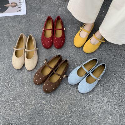 Flat Shoes Round Head Shallow Mouth Single Shoes Women's Early Spring Suede Retro Rivet Shoes Ballet Shoes Women