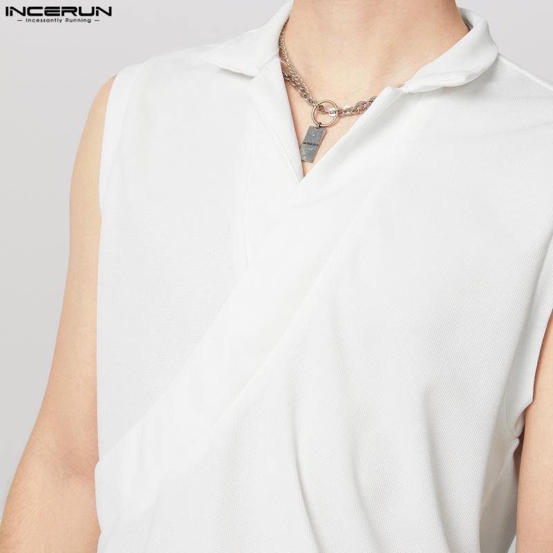 INCERUN Men Lapel V Neck Sleeveless Casual Front Cross Texture Tank Tops