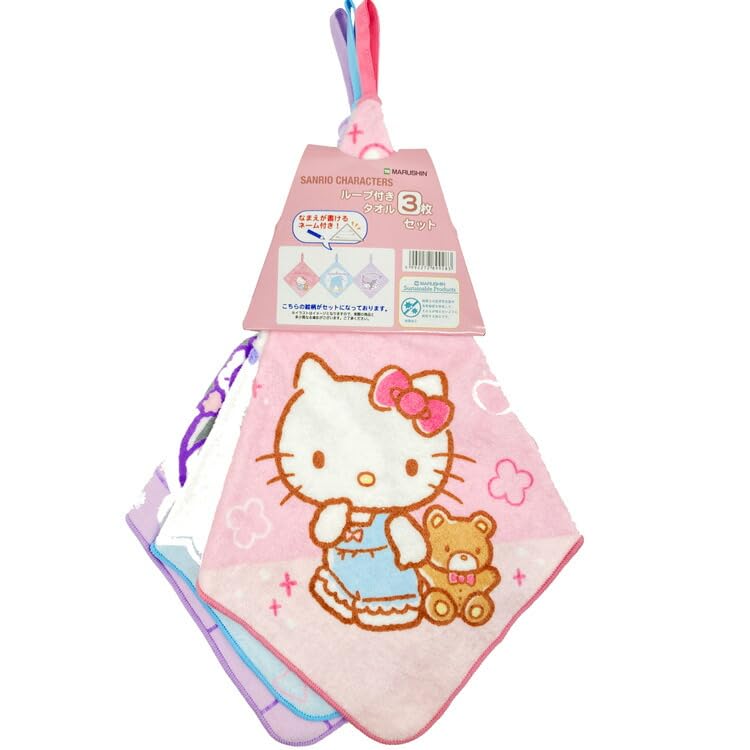 Marushin Sanrio Characters Loop Towel Soft and featuring Hello and Tuxedo 3-Piece Set, Cute, 899283, Kitty, Kuromi, Sam.