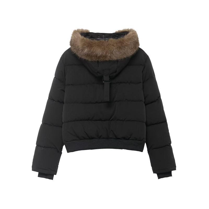 Womens Short Puffer Coat With Faux Fur Trim Hooded Winter Jacket Solid Color Streetwear Style