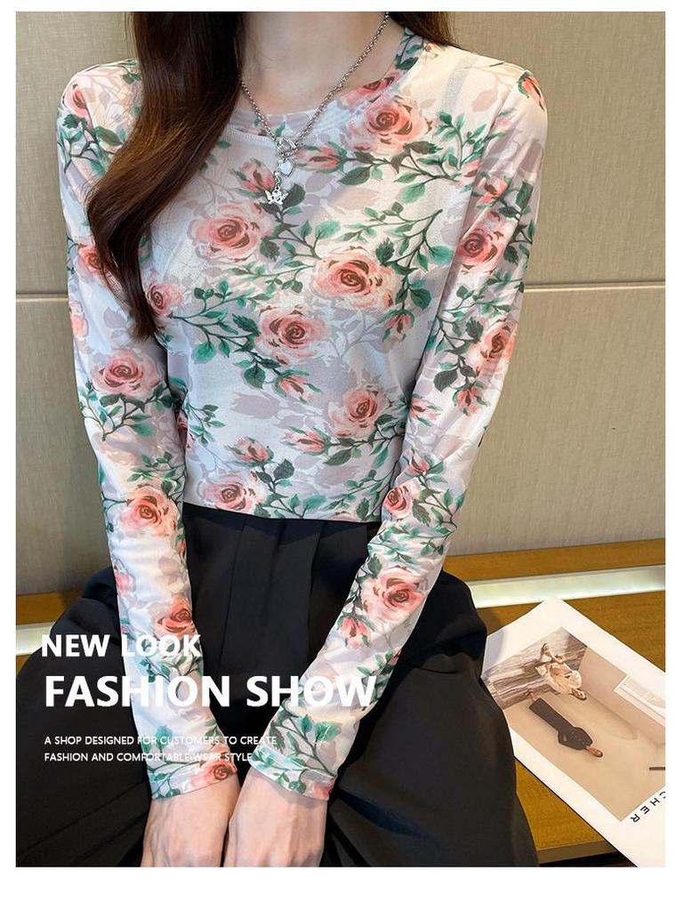 Retro Floral Print Mesh Women's Long Sleeve Sun Protection T-Shirt