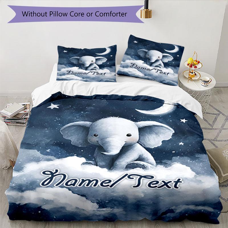 3PC Custom Name Nightly Elephant Dreams Bedding Set Printed  Bedding Set Duvet Cover Closure Includes 1 Duvet Cover & 16 Pillowcases for Bedroom