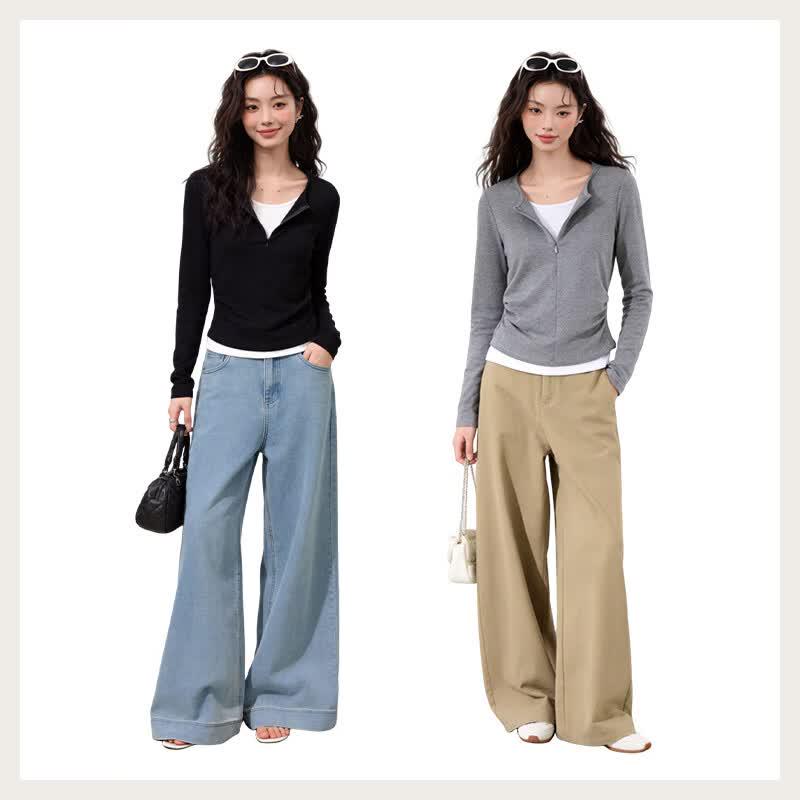 MJ STYLE Women's Half-Zip Faux Two-Piece Long Sleeve T-Shirt