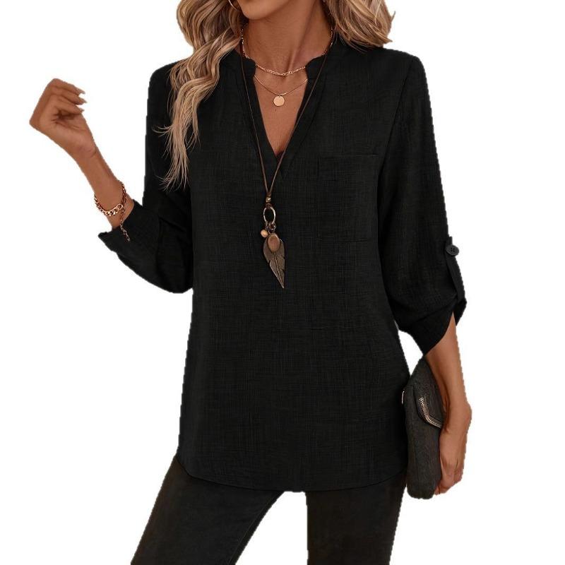 Solid Color Women's Fashionable Casual 9-quarter Sleeve Notch V-neck Shirt for Women Shirt