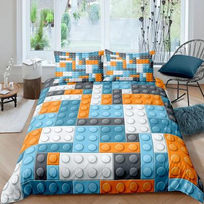 Bunte Blöcke Bettbezug King/Queen Größe, Bauspielzeug Bettwäscheset Kinder Jungen Mädchen Orange Blau Lustige Ziegel Polyester Steppdeckenbezug