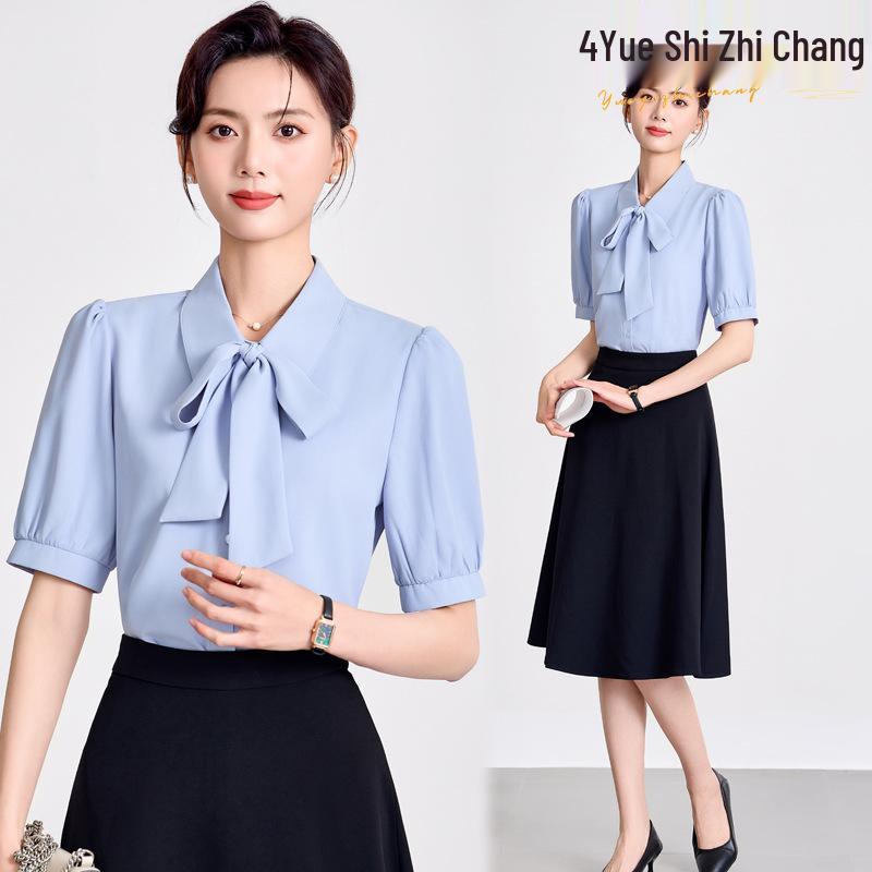 

Women s Professional Blue V-Neck Short Sleeve Work Shirt for Summer 3XL