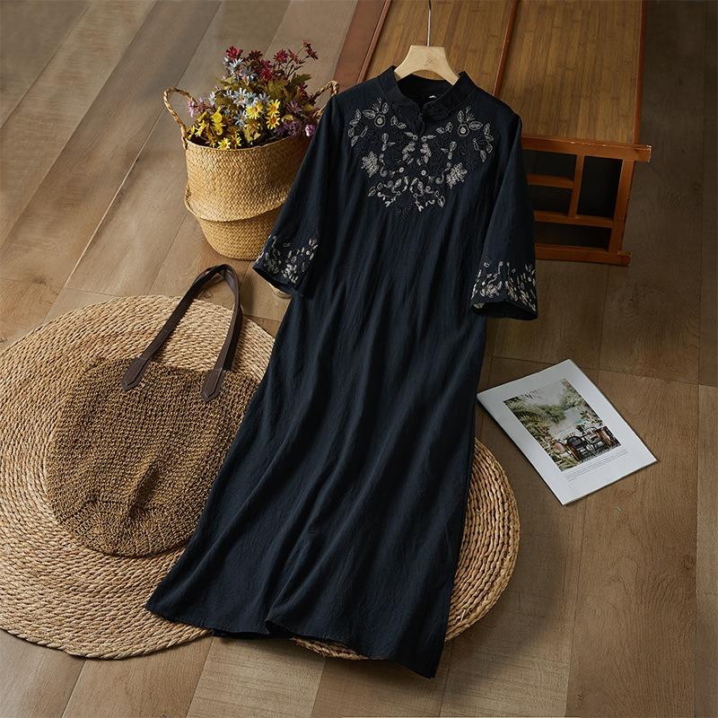Women Floral Embroidered Mandarin Collar Half Sleeve Linen Blend Cheongsam Style Maxi Dress
