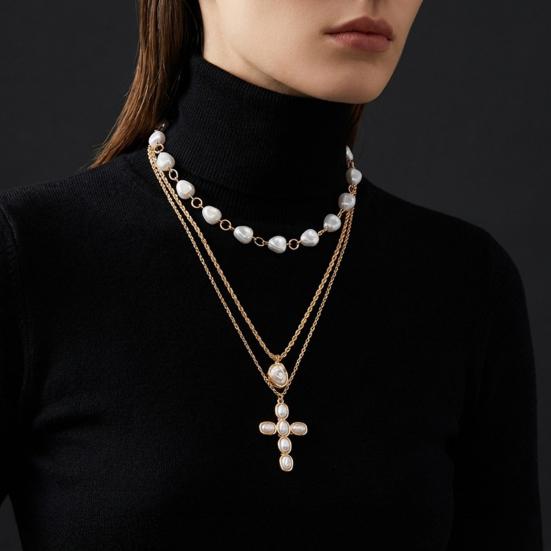 1 Set Stacked Faux Pearl Necklaces Women Vintage Multi Strand Necklace Irregular Faux Pearls Choker Religious Pendant Necklace for Dating Party