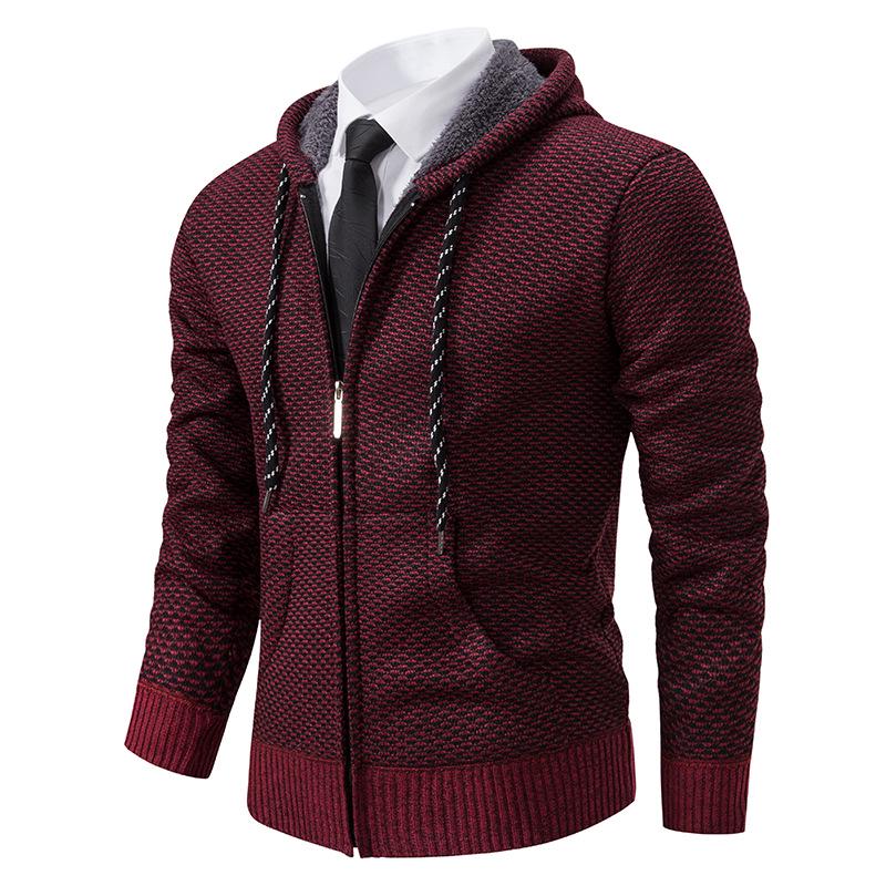 Men's Hooded Fleece-Lined Knitted Cardigan - Thick, Plus Size, Autumn/Winter 2023 Collection.