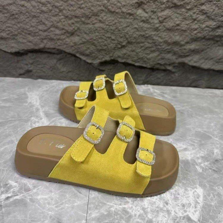 2025 Sommer neue Leder Dicksohlen Strassstein Casual Mattleder Pantoletten Ein-Wort Damenschuhe Vielseitige Mode Damenschuhe