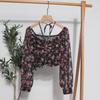 Spring Casual French Floral Blouse Women Elegant Vacation Bohemian Ruched Tops Slim Elastic Print Shirts