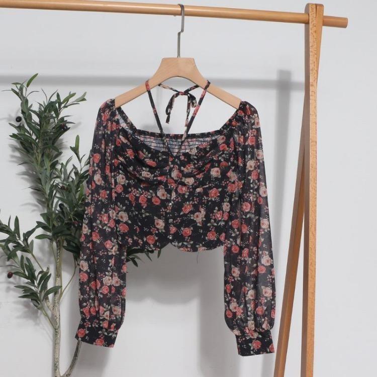 Spring Casual French Floral Blouse Women Elegant Vacation Bohemian Ruched Tops Slim Elastic Print Shirts