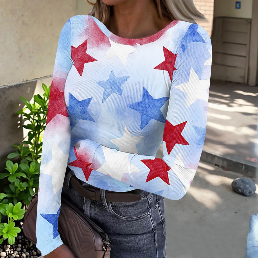 Women's Casual Long Sleeve Ribbed Top Crew Neck Lightweight Knit Shirt with Star Pattern Print for Everyday Wear