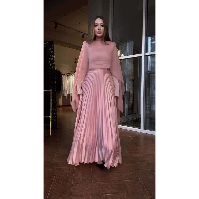 Cross-Border 2025 Autumn Pink Pleat Temperament Waist Hugging Long sleeve Pleated Big Hemline Dress Long Wrap Set Dress