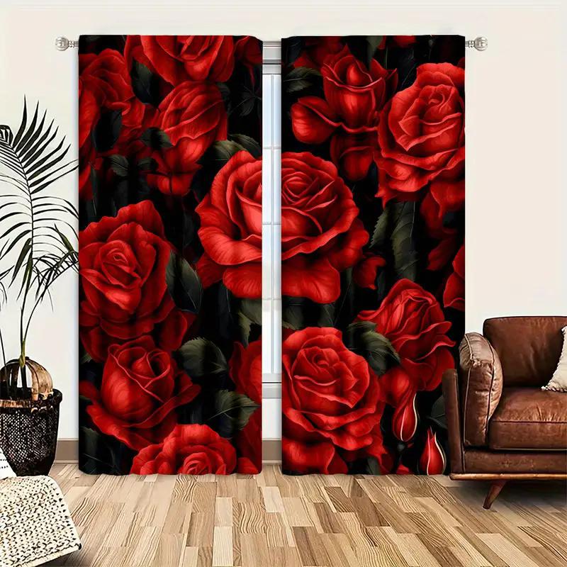 2PCS- Elegant Red Rose Floral Printed Curtains, Pole Bag Curtains, Bedroom and Living Room, Home Decoration, Room Decoration
