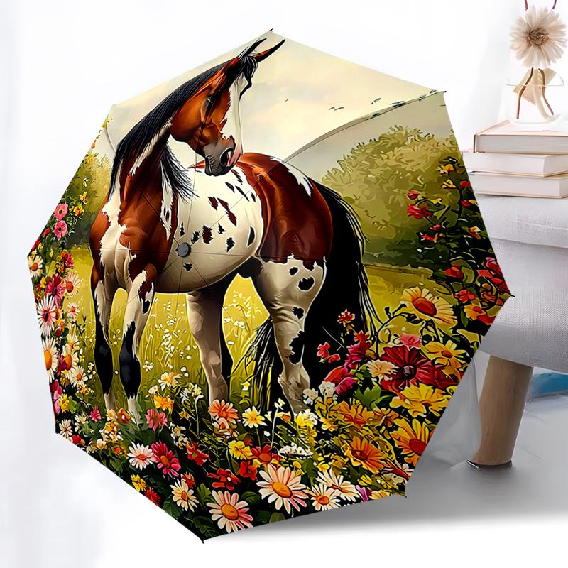 Horse Theme Folding Umbrella - Fashionable Auto-Open Design 8 Iron Ribs Plastic Handle Foldable Sunshade Perfect Christmas Gifts