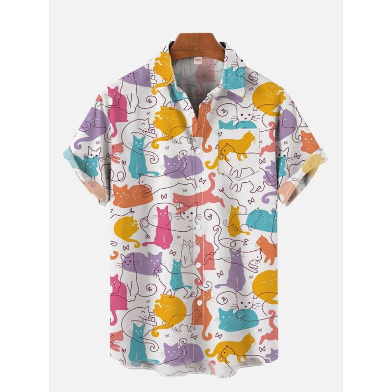 Herr Söt Katt Tryckt Casual Skjorta Daglig Användning 3D-Tryck Klassisk Kort Ärm Mode Hawaiisk Skjorta För Män Harajuku
