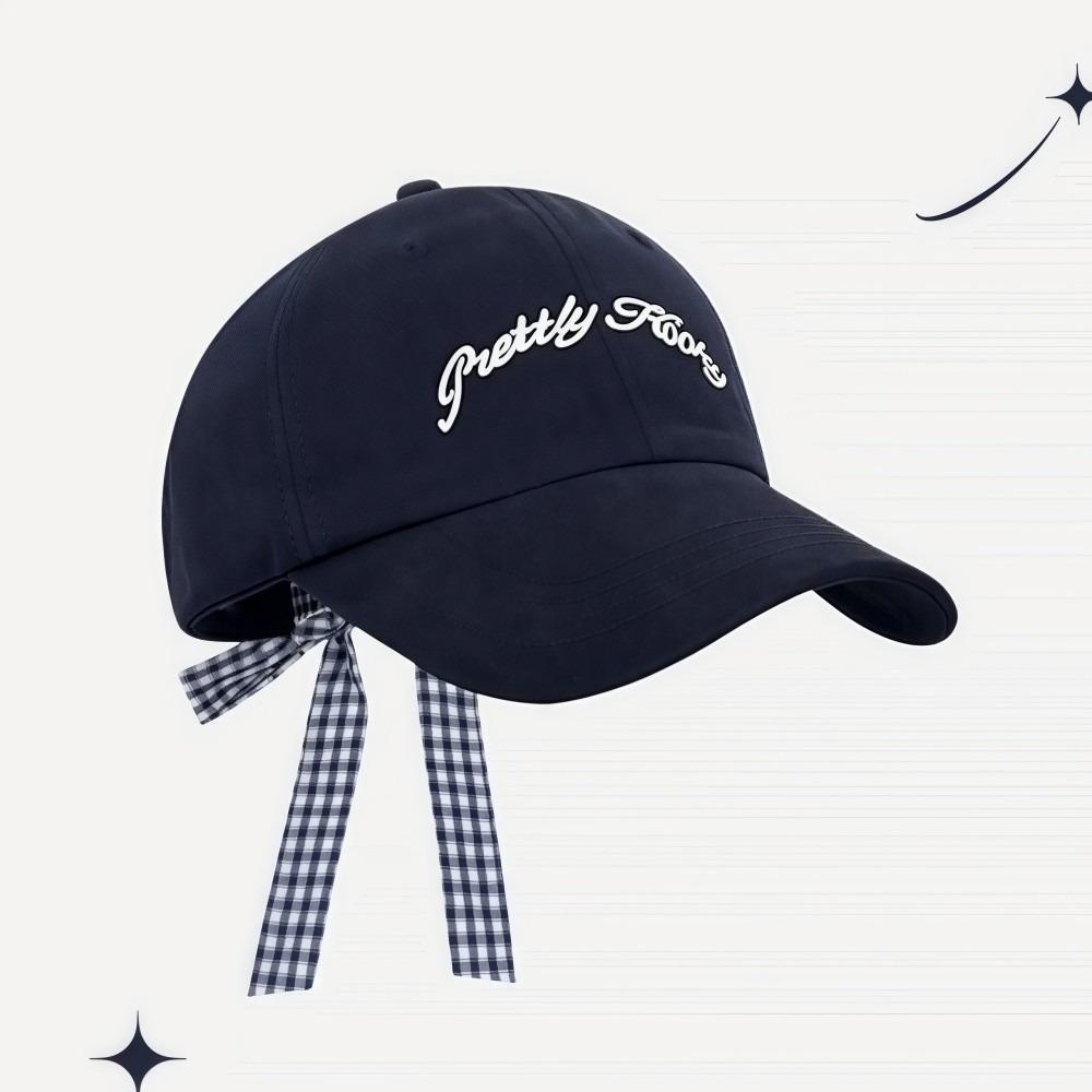 

Plaid Hip Hop Hat Letter Embroidered Sun Hat Cute Bow Strap Baseball Cap For Women Summer Outing темно-синього кольору