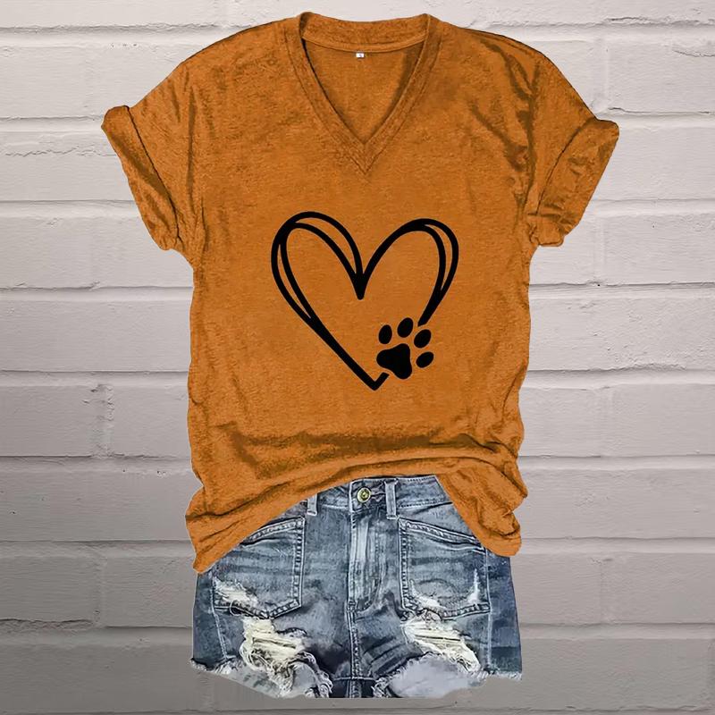 Love Cat Claw Painting Blouses Short Sleeved V-Neck T Shirts Casual