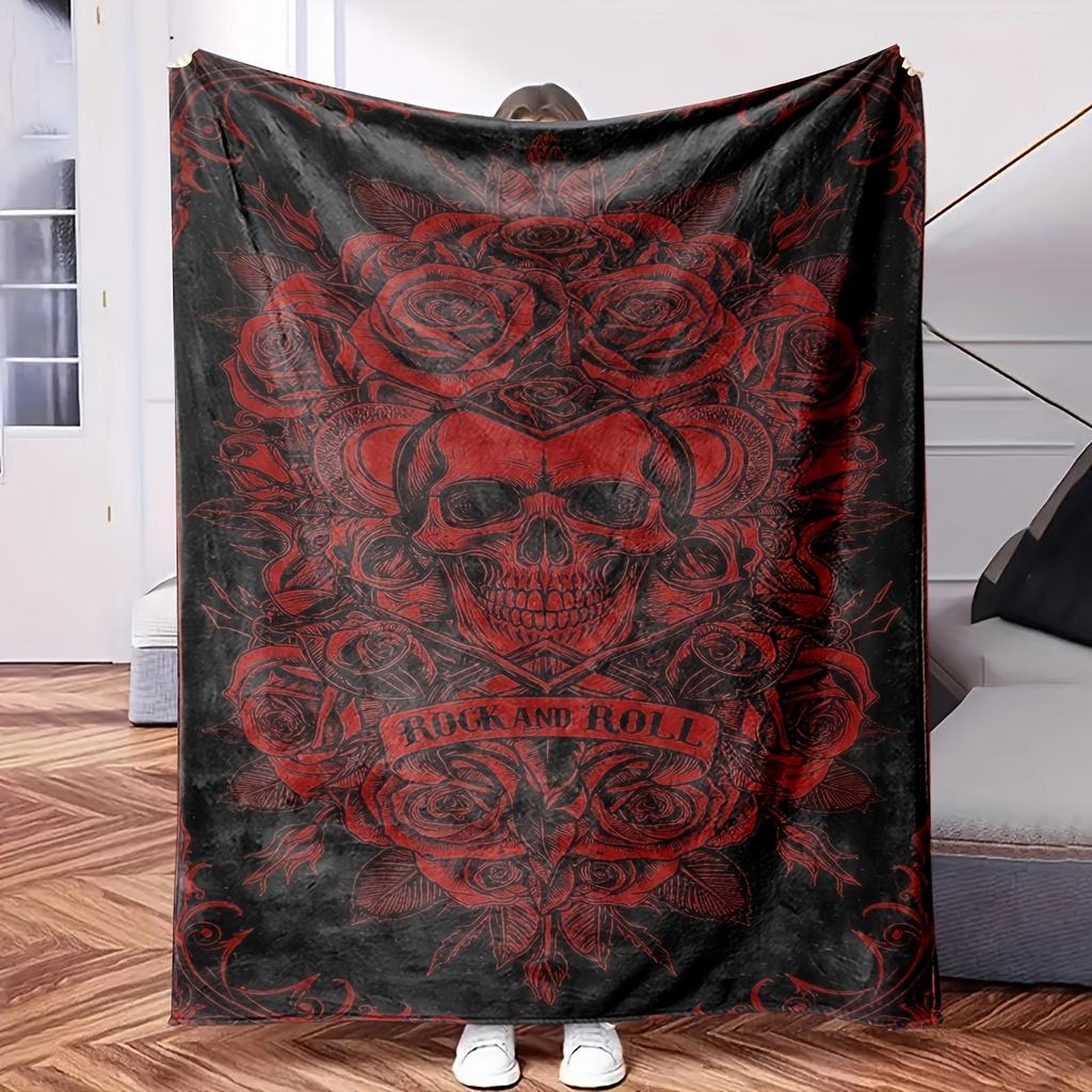 Black And Red Skull with Roses Blanket - Themed Throw Comfortable Flannel Fabric Hypoallergenic All-Season Use - Ideal for Sofas N