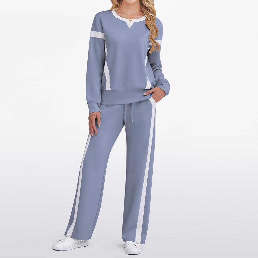 Women's Fashion Casual Long-Sleeve Solid Color Blocked Hoodie And Wide-Leg Pants Two-Piece Set