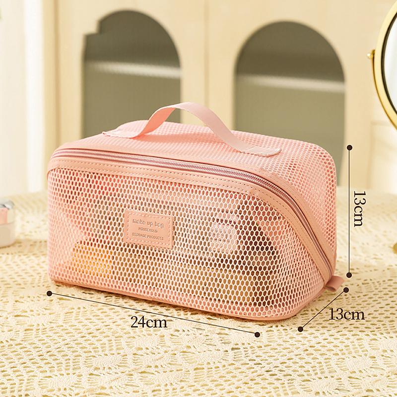 Portable Solid Color Mesh Cosmetic Bag Lightweight Space Saving Zipper Bags Large Capacity Travel Toiletry Storage Handbag