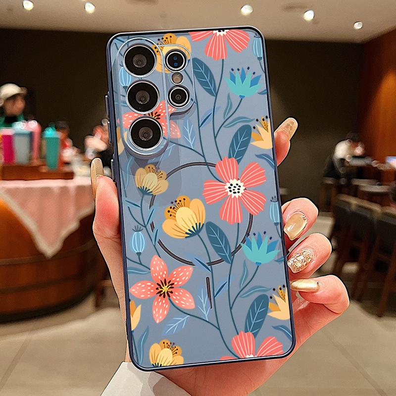 Cartoon Flowers Pattern Case For Samsung Galaxy S26 Ultra S25 Edge S24 Plus S23 FE S22 A54 A55 A56 5G Magnetic For Magsafe Matte Cover